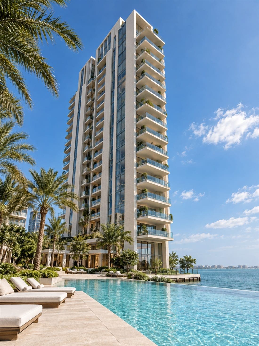A white apartment tower with deep balconies rising above palm trees against a clear blue sky