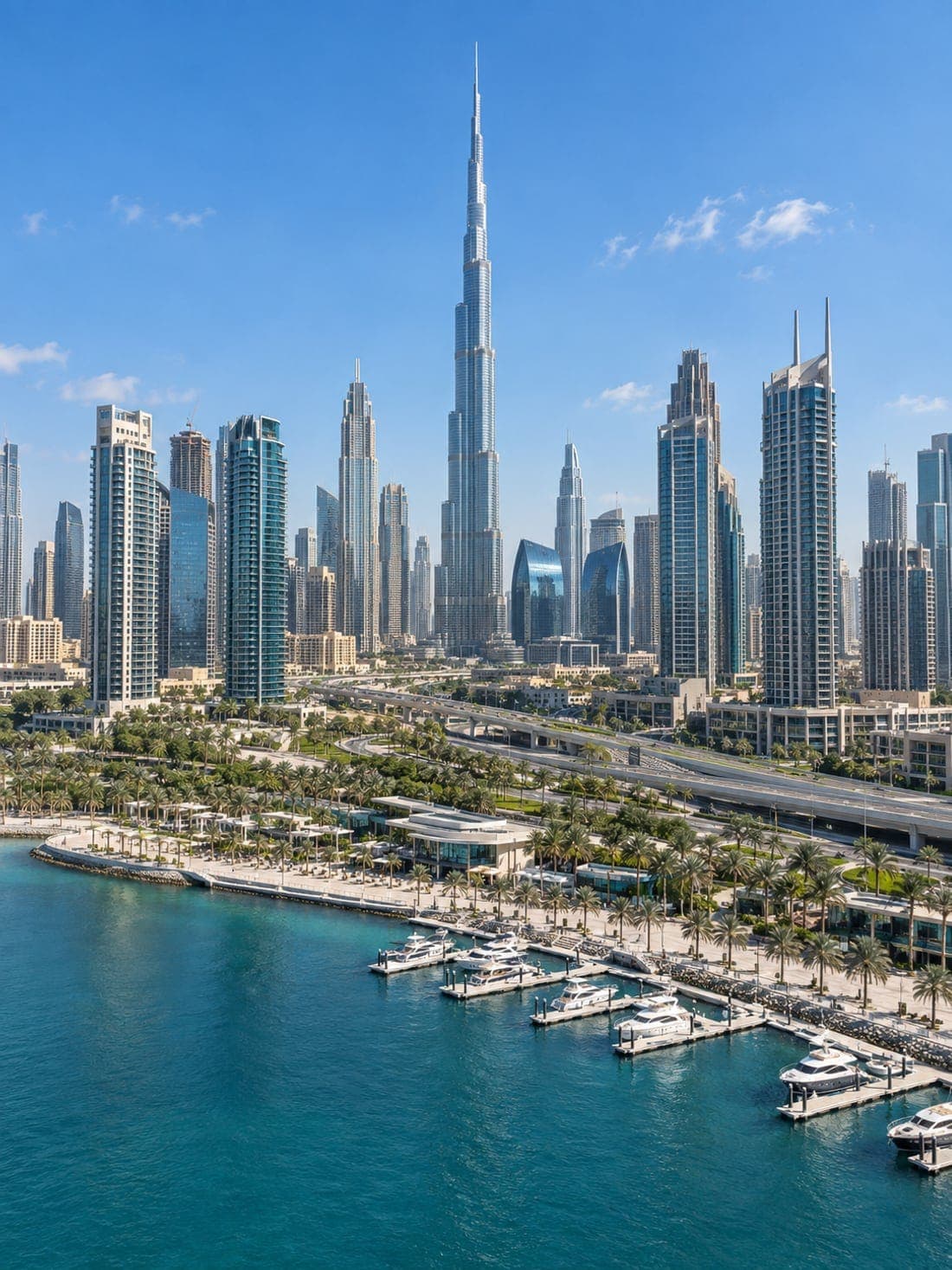 The Dubai skyline behind a marina and palm-lined waterfront, with the tallest tower at its centre